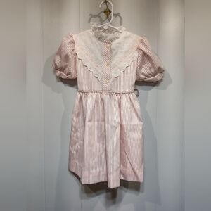 Vintage Marshall Sinclair Girls Dress Size 4 Pink Striped Lace Bib Puff‎ Sleeve